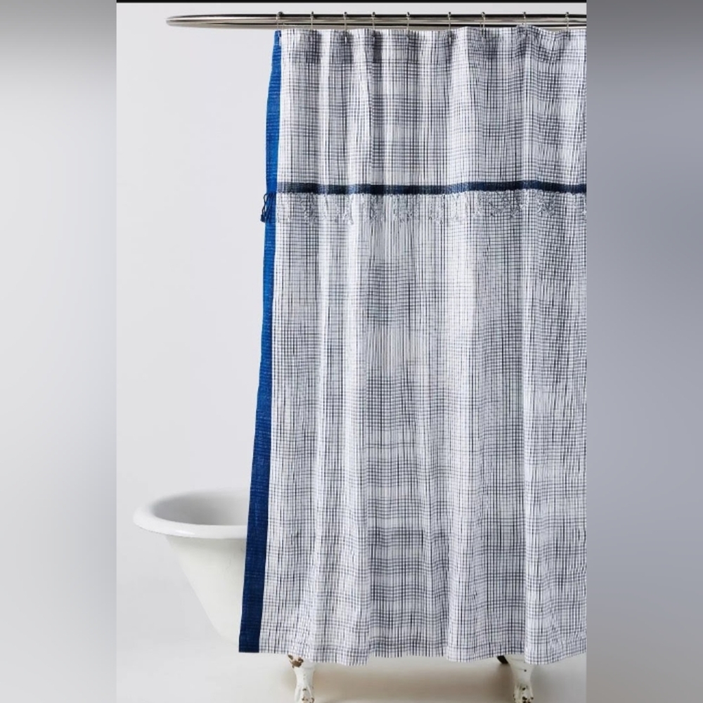 Anthropologie Rustic Savon Cotton Blue & White Check Shower Curtain